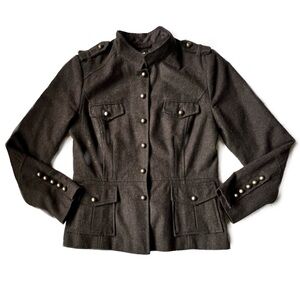 H&M Dark Brown Military-Inspired Brass-look Button-Up Jacket, Wool Blend, Sz -10